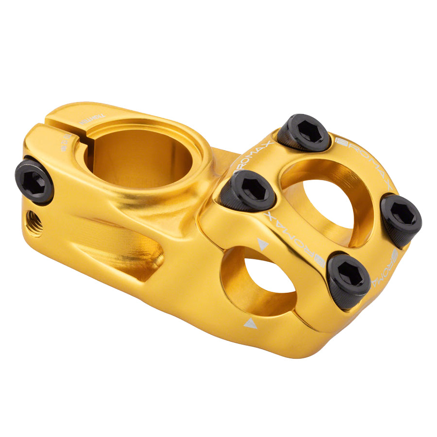 A gold Promax Impact Toploader Stem BMX racing bicycle stem with two holes.