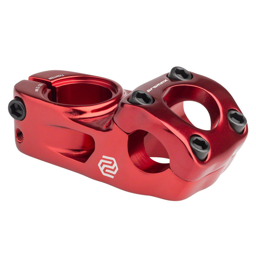 A red Promax Impact Toploader Stem for freestyle and BMX racing with two holes.