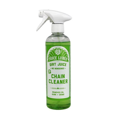 Juice Lubes Dirt Juice Chain Cleaner Spray / 500ml is a biodegradable bike chain cleaner with green liquid, ideal for removing oil, gunk, and grime from your chain. Comes in a clear spray bottle for easy application.