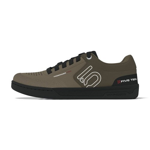 Side view of Five Ten Freerider Pro Flat Core Shoes in CRDBRD/OFF WHT/CORE, featuring brown and black colors, pedal-gripping control, black laces, and a white logo.