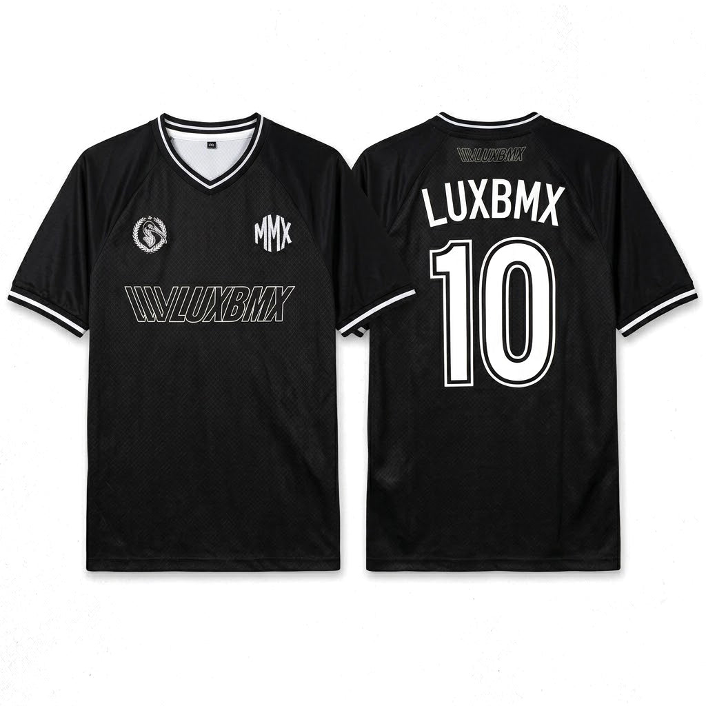 The LUXBMX MMX Soccer Jersey is a black short-sleeve jersey with white trim, "LUXBMX" and "MMX" logos on the front, plus "LUXBMX" and the number 10 printed on the back.