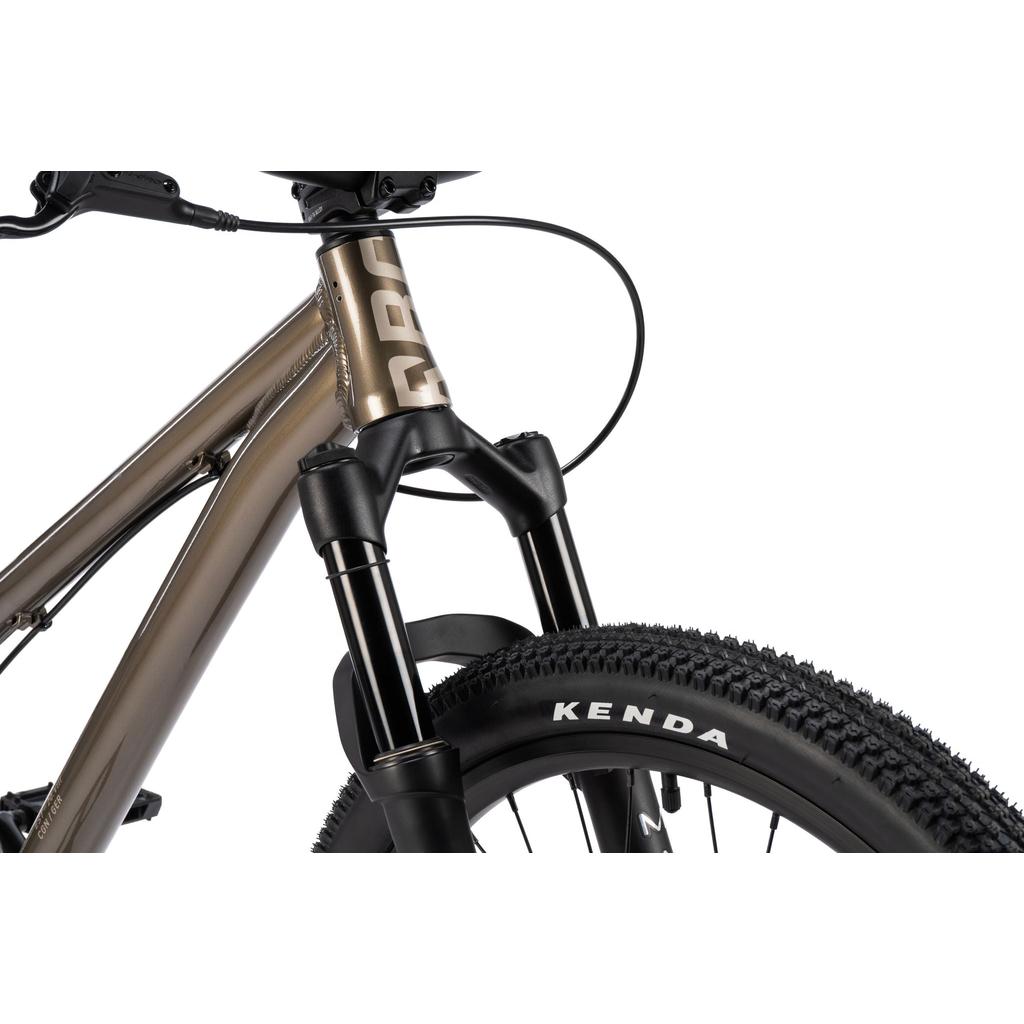 Close-up of the Radio Griffin 24 Inch Dirt Jumper Bike showing its 24” aluminum frame, front suspension fork, detailed components, Kenda tire, and metallic paint finish.