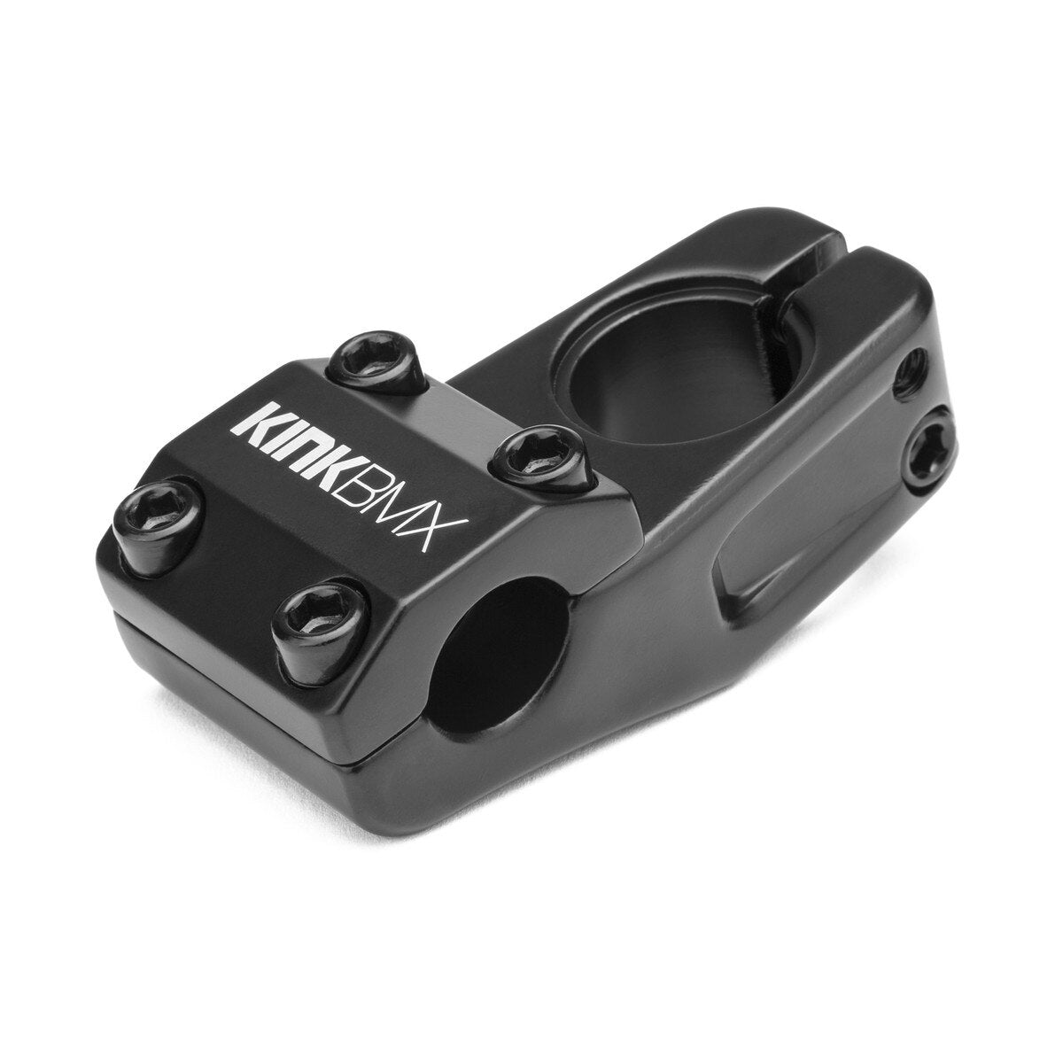 The Kink Bold HRD Top Load Stem is a black metal BMX stem made from durable aluminum with multiple bolt holes for secure handlebar and fork attachment, a "KINK BMX" logo, and a 50mm reach for optimal control.