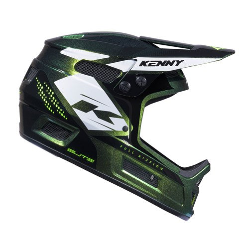 Experience the Kenny Racing Helmet Elite Graphic Chameleon Green—a lightweight, full-face helmet in black and chameleon green with striking white and neon yellow accents. Branded “KENNY” on the visor and “R3” on the side, this helmet features ventilation slots for enhanced airflow. Inspired by top BMX race helmets, it delivers exceptional comfort and protection whether you’re riding at the track or out on the trails.