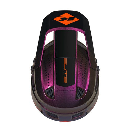 Top view of the Kenny Racing Helmet Elite Graphic Chameleon Orange, a shiny purple and black lightweight BMX helmet featuring an orange logo and the word “ELITE” printed on the center stripe.