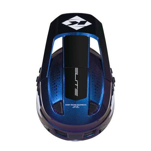 Top view of the Kenny Racing Helmet Elite Graphic Night Diamond, a blue and black lightweight BMX helmet with ventilation slits, featuring a white geometric logo and the word “ELITE” printed in the center.