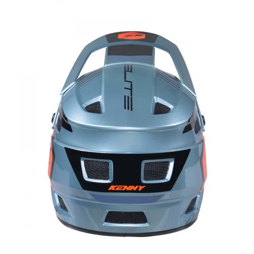 Front view of the Kenny Racing Elite Helmet Graphic Sunset, a metallic gray and black BMX race helmet with orange accents and ventilation openings, branded “KENNY.” This lightweight helmet combines style and safety for BMX racing.