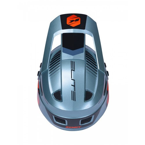 Top view of the Kenny Racing Elite Helmet Graphic Sunset—a metallic silver and black lightweight BMX helmet with orange accents and ventilation slots, featuring “ELITE” printed on the top—making it a premium choice among BMX race helmets.
