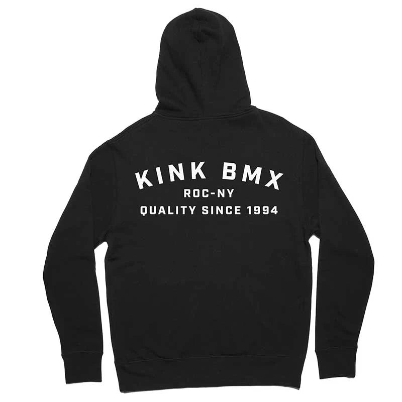 Kink Statement Zip-Up Hoodie with "kink bmx roc-ny quality since 1994" printed in white text on the back, featuring nickel eyelets.