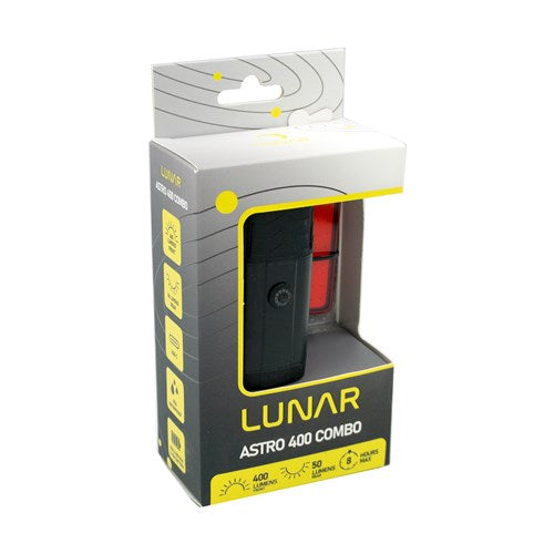 The Lunar Astro 400 Combo Light Set features a black front light and red rear light, both visible through the packaging window.