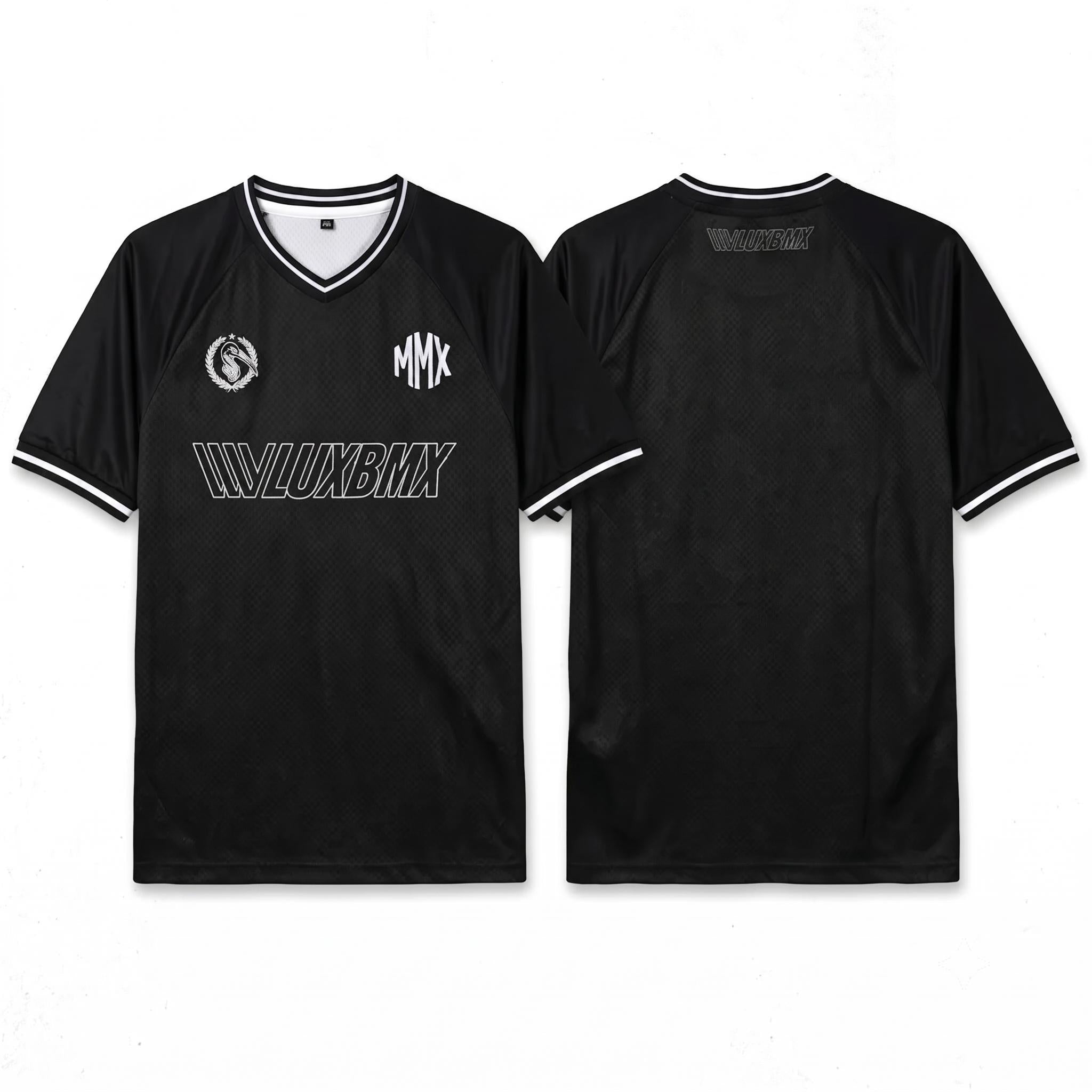 Front and back view of the LUXBMX MMX Soccer Jersey - Plain Back Print in black with white trim and logos "MMX," "LUXBMX," and a circular emblem. Pre-order this exclusive breathable BMX jersey now!.
