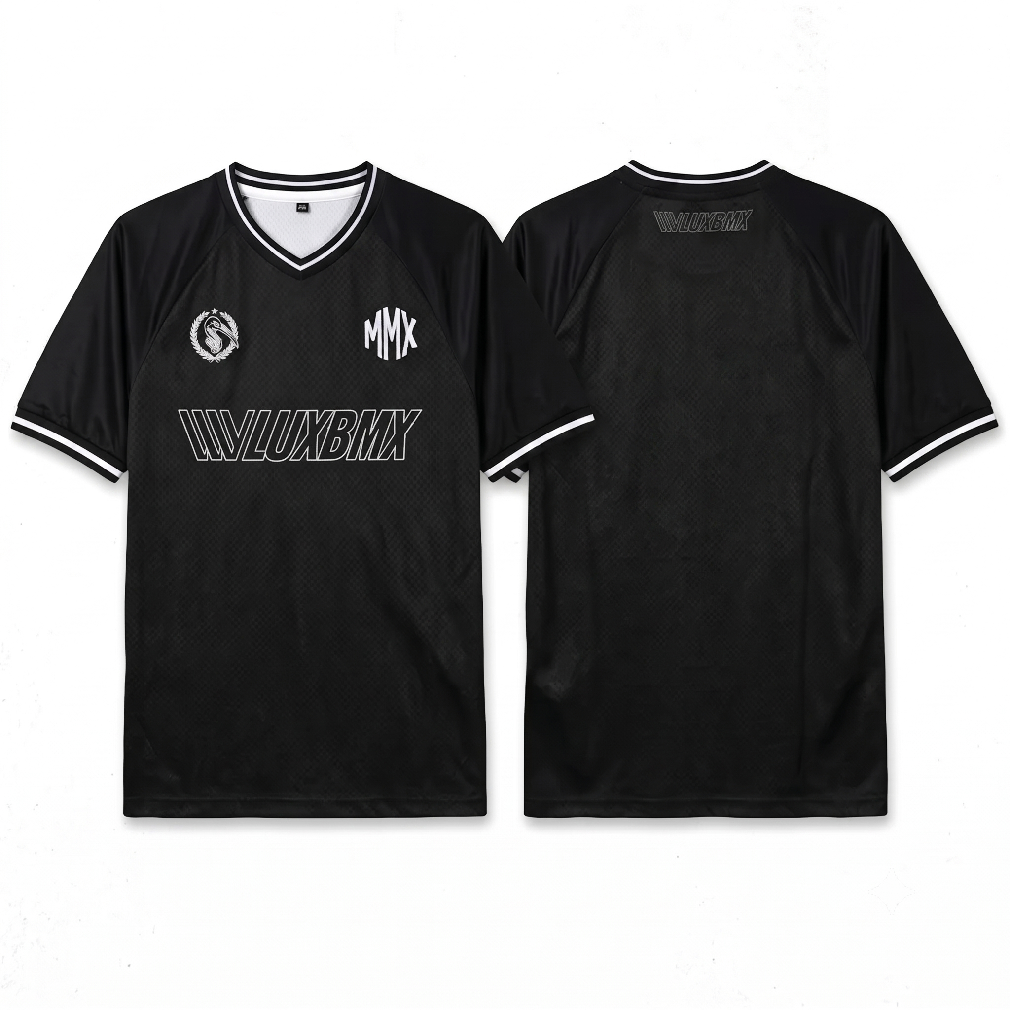 Front and back view of the LUXBMX MMX Soccer Jersey - Plain Back Print in black with white trim and logos "MMX," "LUXBMX," and a circular emblem. Pre-order this exclusive breathable BMX jersey now!.
