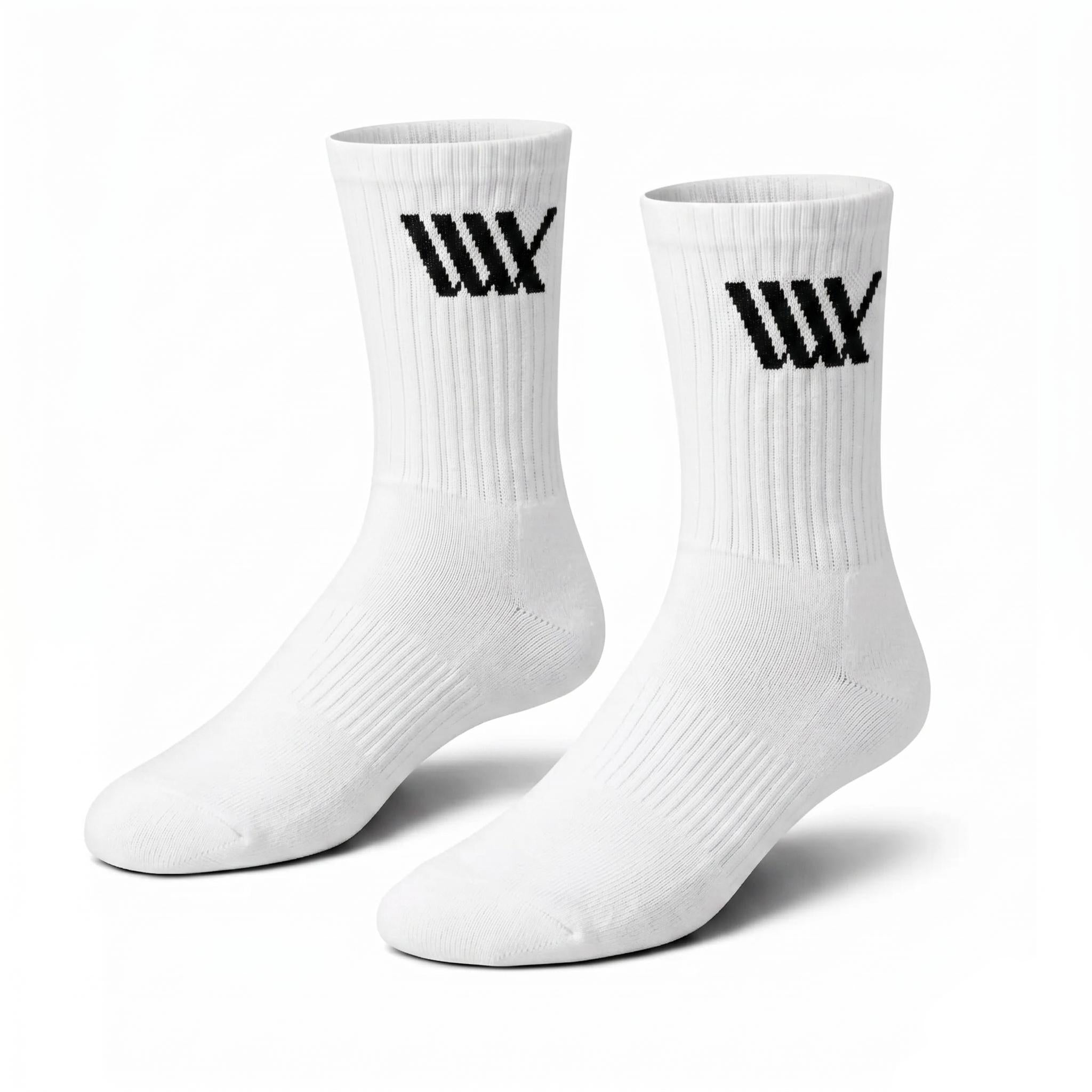 LUXBMX Crew Socks made from a durable bamboo blend, featuring a black geometric logo on the upper side of each white sock, shown against a plain white background.