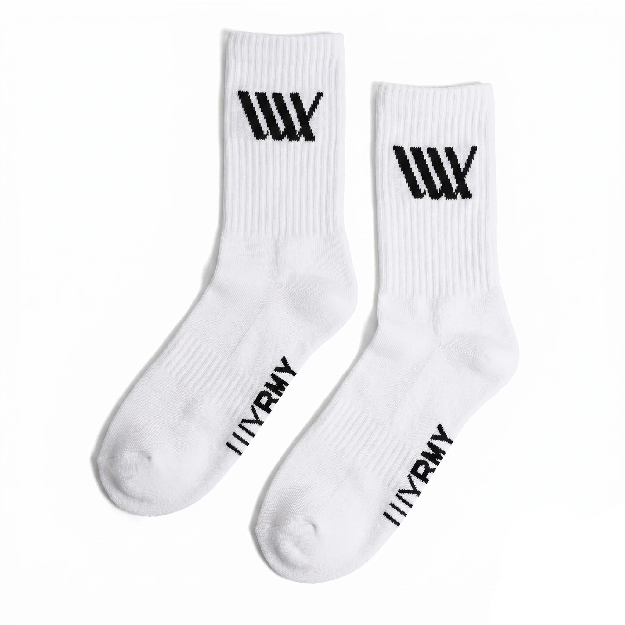 The LUXBMX Crew Socks feature a white bamboo blend, black "W" logos on the cuffs, and "VIRNY" text near the toes—designed for lasting comfort and durability.