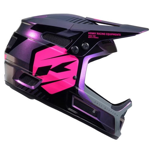 The Kenny Racing Elite Helmet Magic Purple + Glitter & Varnish is a lightweight full-face motocross helmet in black and purple with pink accents and “Kenny Racing Equipments” text on the visor, making it the ideal choice for riders who want both style and protection.