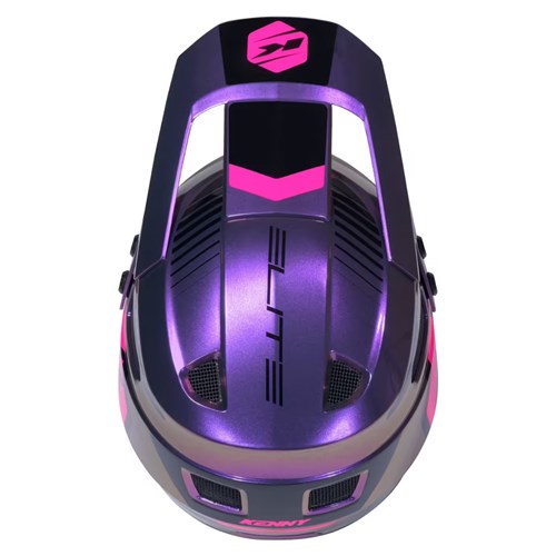 Top view of the Kenny Racing Elite Helmet in Magic Purple with glitter and varnish, showcasing ventilation holes and a geometric design on the upper section.