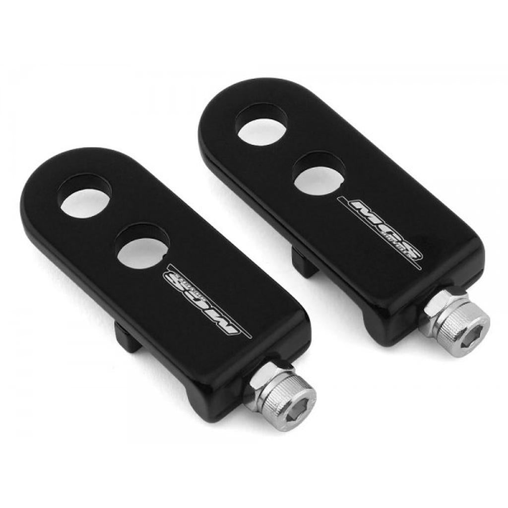 Pair of black MCS 3/8 Inch (10mm) chain tensioners made from 6061-T6 aluminum, featuring two circular holes, bolts, and the "Driven" logo. Compatible with MCS Bicycles.