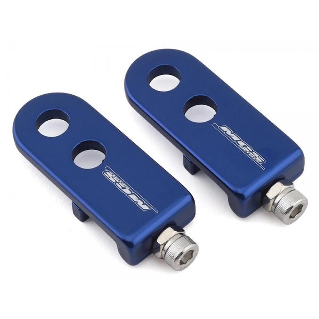 A pair of MCS 3/8 Inch (10mm) chain tensioners made from blue 6061-T6 aluminum, featuring two circular holes and attached bolts, displayed on a white background.