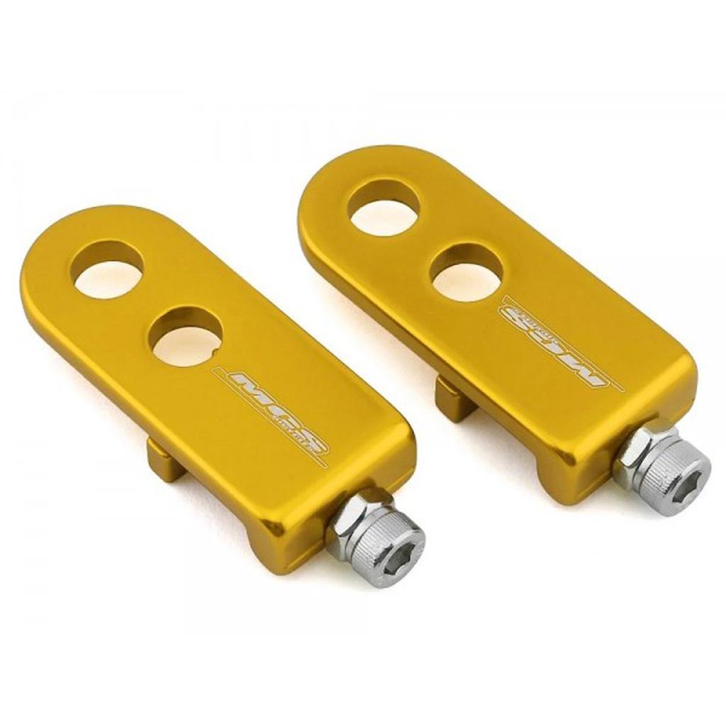 Two gold-colored MCS 3/8 Inch (10mm) Chain Tensioners made from durable 6061-T6 aluminum, each featuring circular holes and bolts, are displayed side by side on a white background.