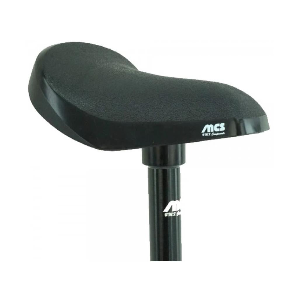 A close-up of the MCS Mini Combo Seat (22.2mm) in black, featuring an MCS logo and mounted on a black alloy post against a white background—ideal for race bikes.