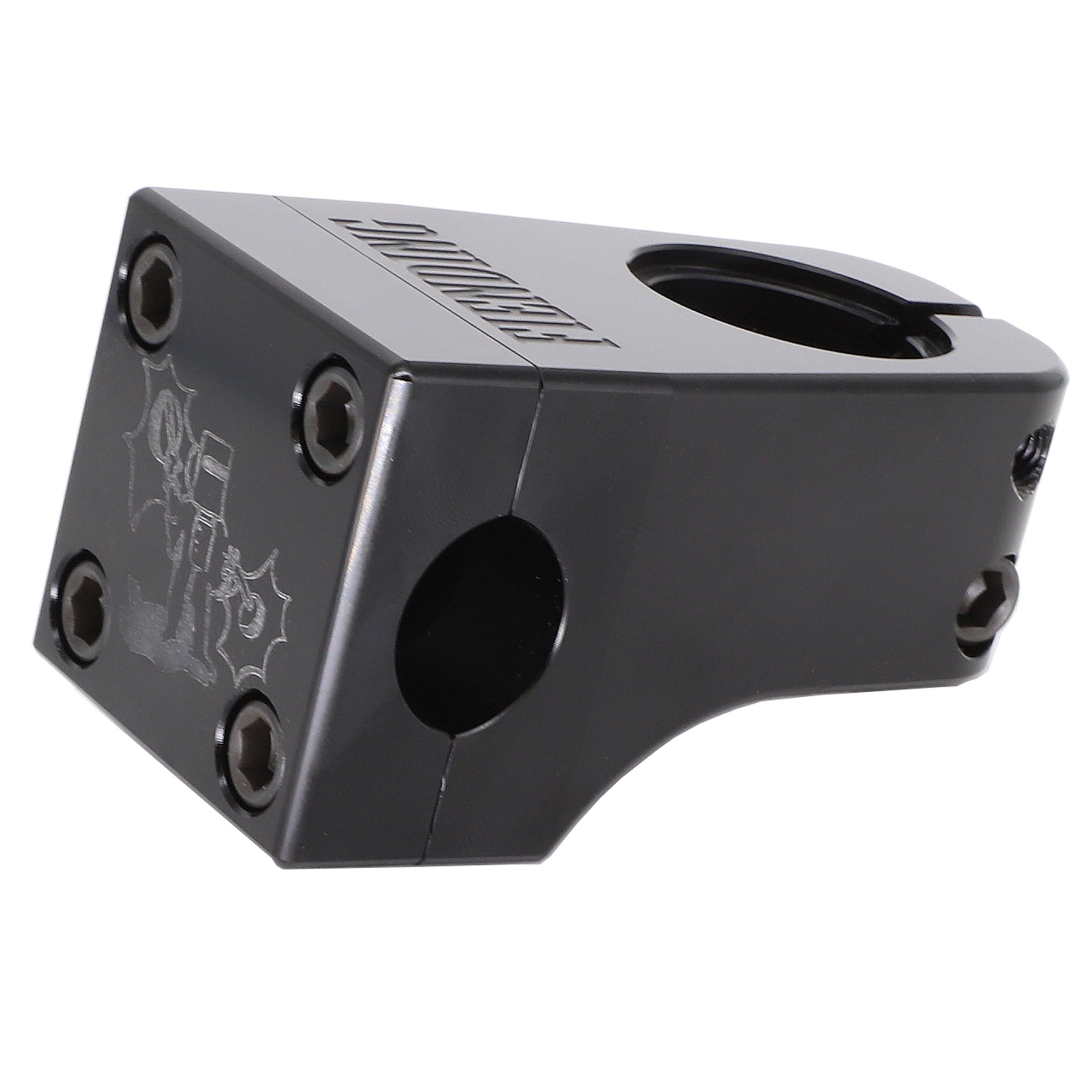 The Fiend Mills Front Load Stem is a black CNC aluminum BMX stem with four hex bolts and a front engraved logo, shown angled to highlight its mounting holes and clamp opening for a retro look.