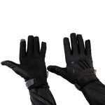 Description with keywords: A pair of black LUXBMX X FIST gloves on a white background.