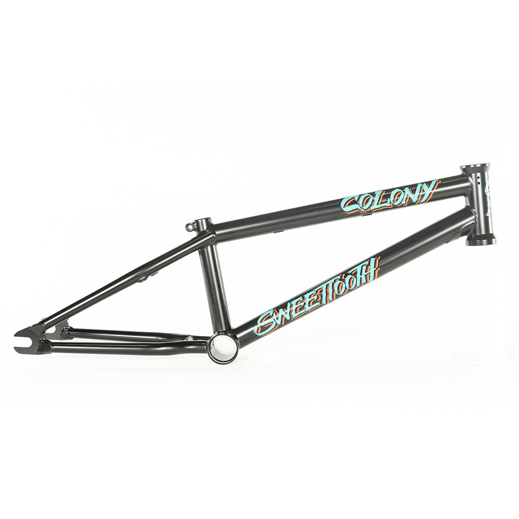 A black Colony 2024 Sweet Tooth 16 Inch bike frame with the words cheelan on it.