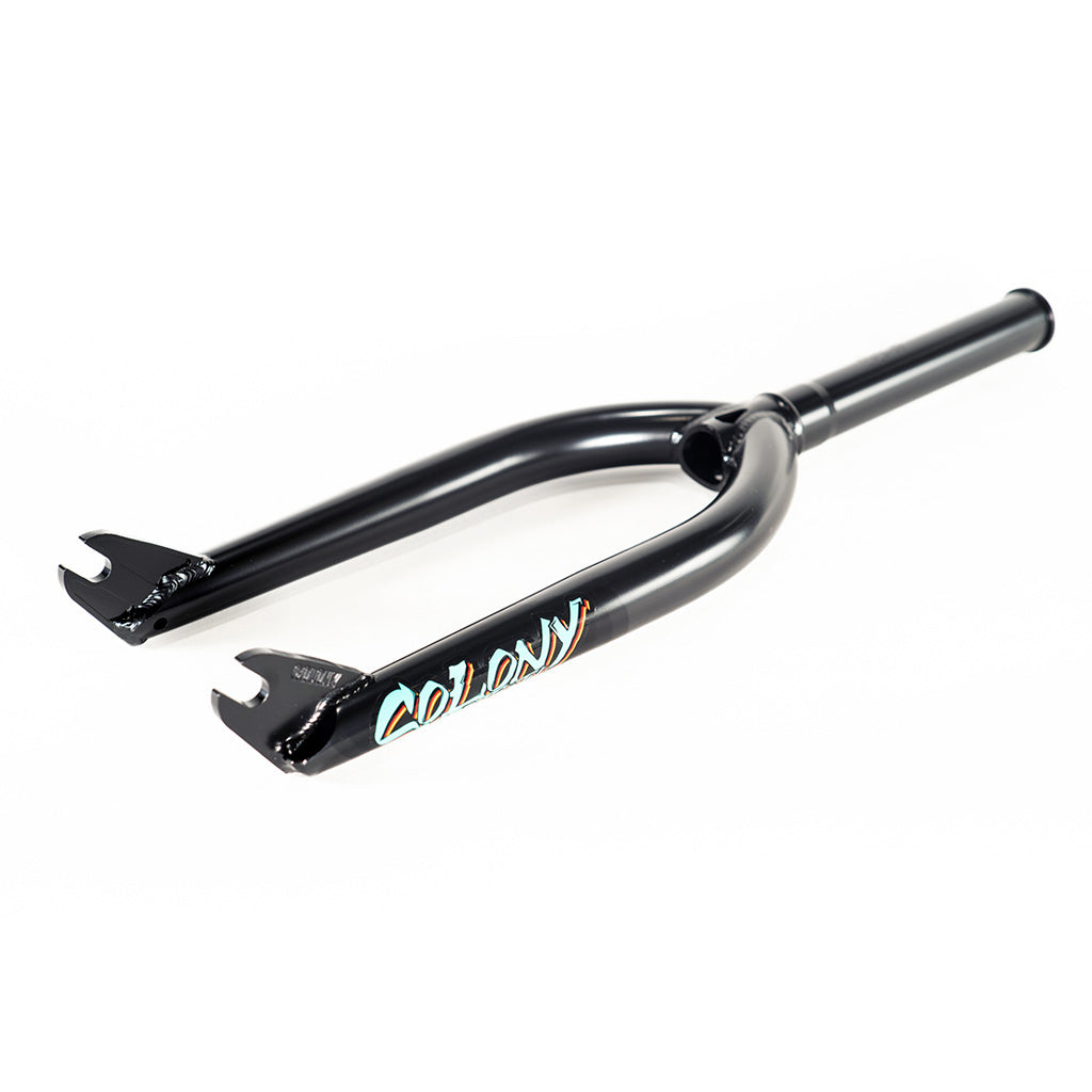 A responsive and lightweight Colony 18 Sweet Tooth black bike fork with a blue logo on it.