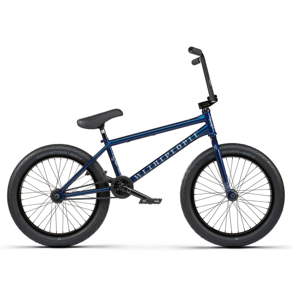 A blue Wethepeople Battleship 20 Inch BMX Bike with Eclat Decoder tyres, set against a clean white background.