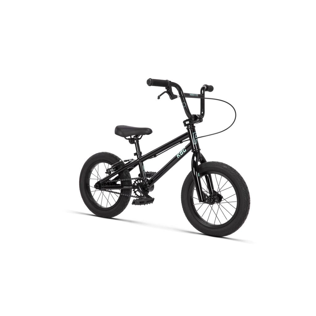 The Radio Revo 14 Inch bike is a small black BMX with thick tires, upright handlebars, and a padded seat, set against a white background—perfect as a first bike.