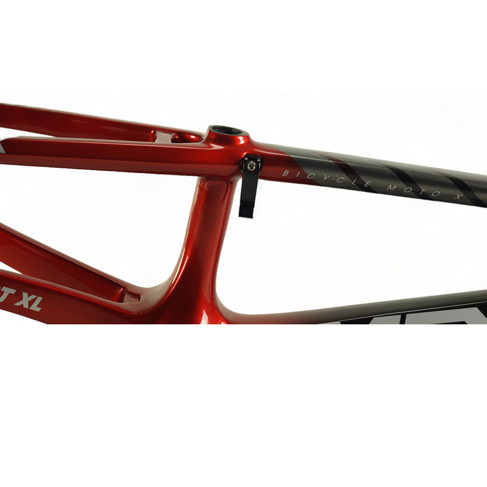 A close up of a red Meybo 2024 Carbon HSX Pro XXL Frame BMX race frame.