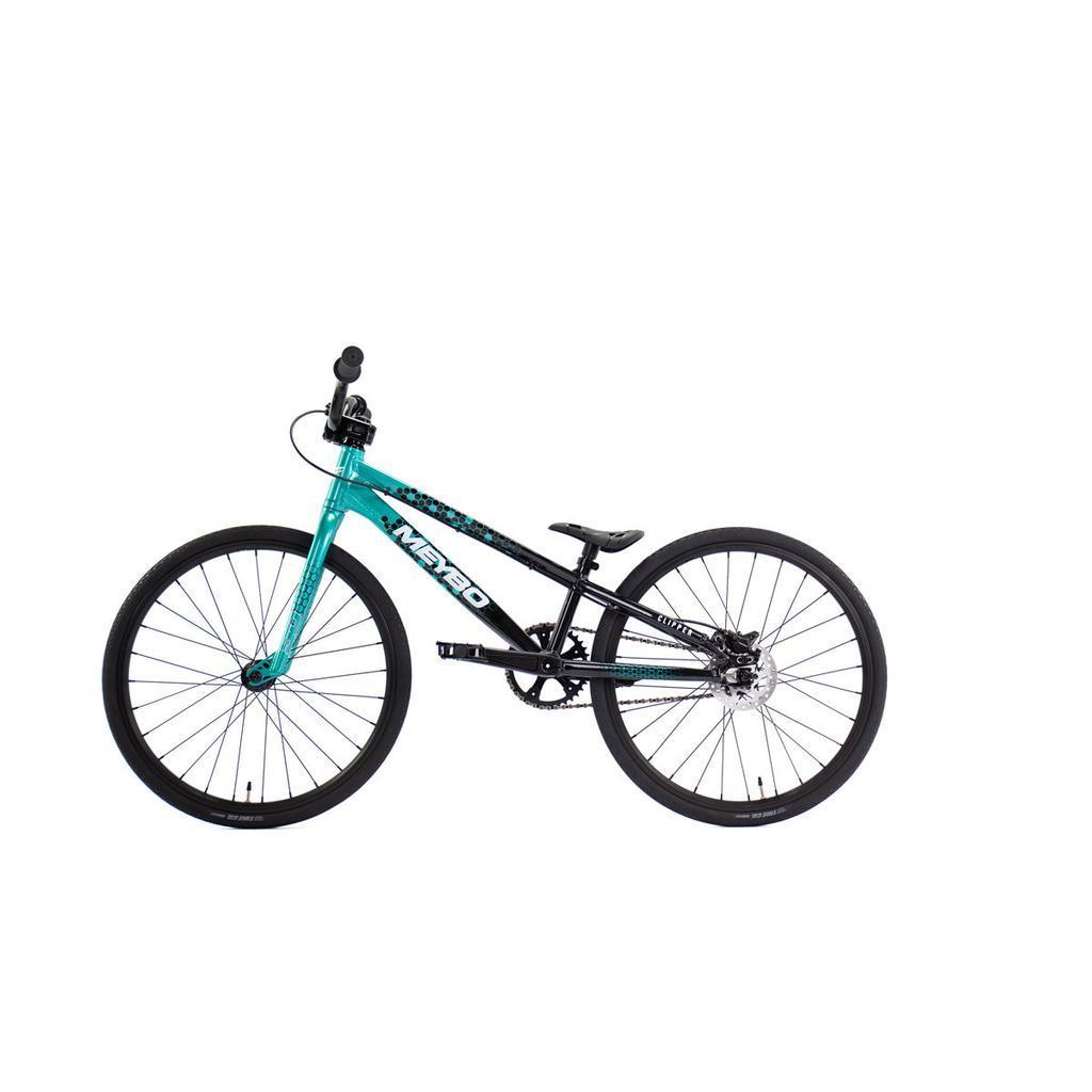 The Meybo 2026 Clipper Mini Bike features a lightweight teal and black frame, flat handlebars, and black wheels—ideal as an entry-level BMX race bike.