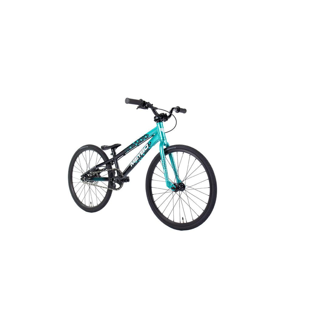 The Meybo 2026 Clipper Mini Bike, featuring a teal and black lightweight frame, flat handlebars, and large wheels, is displayed against a white background—ideal for riders seeking an entry-level BMX race bike.