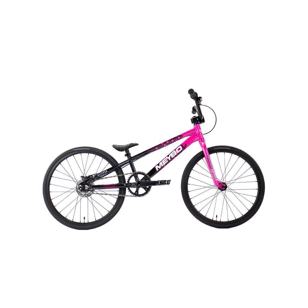 The Meybo 2026 Clipper Junior Bike in pink and black features a lightweight frame, black wheels, and flat handlebars, shown in side view on a white background—ideal as an entry-level BMX race bike.