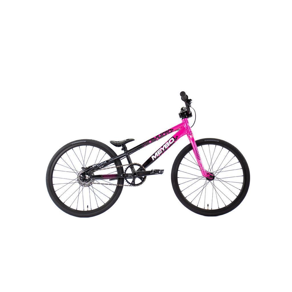 A Meybo 2026 Clipper Mini Bike in black and pink, featuring a compact frame, thick tires, and single gear, is displayed in profile against a white background.