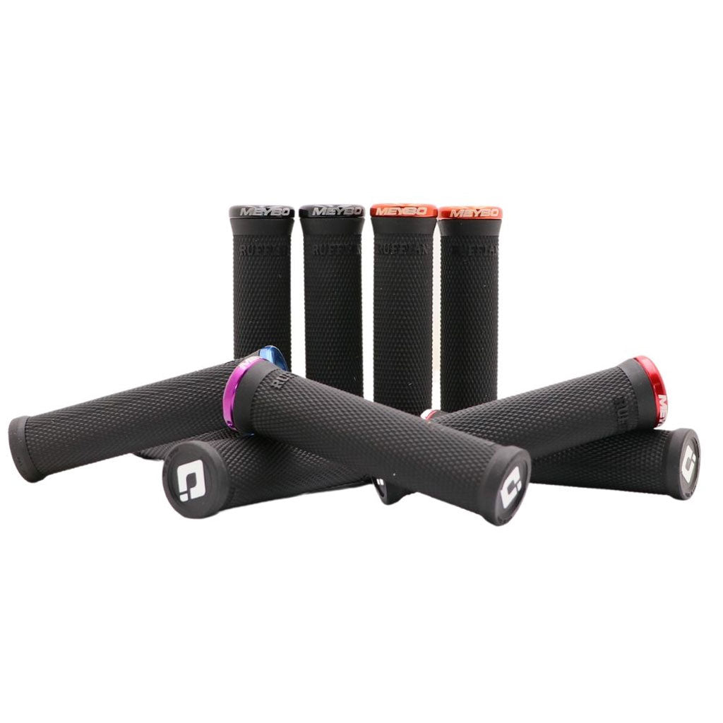 A group of different colored Meybo ODI Ruffian V2.1 Lock-On grips on a white background.
