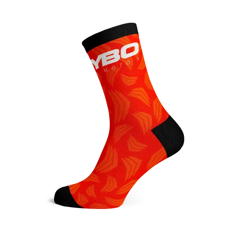 The Meybo Sock Ribbed Crew features bold red and black geometric patterns with “YBO” printed in white near the top, making it the perfect stylish addition to your road recovery ride.