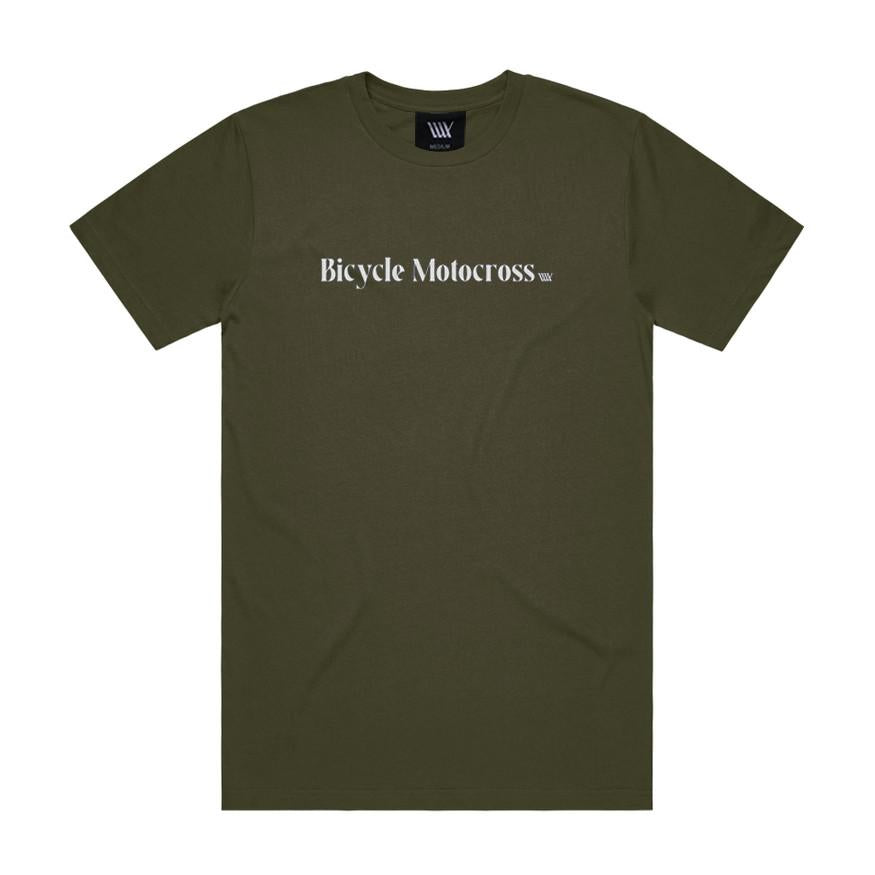 The LUXBMX Bicycle Motocross Tee Army features an olive green color with bold "Bicycle Motocross" white lettering across the chest, making it the ideal classic motocross-style t-shirt for any LUXBMX fan.