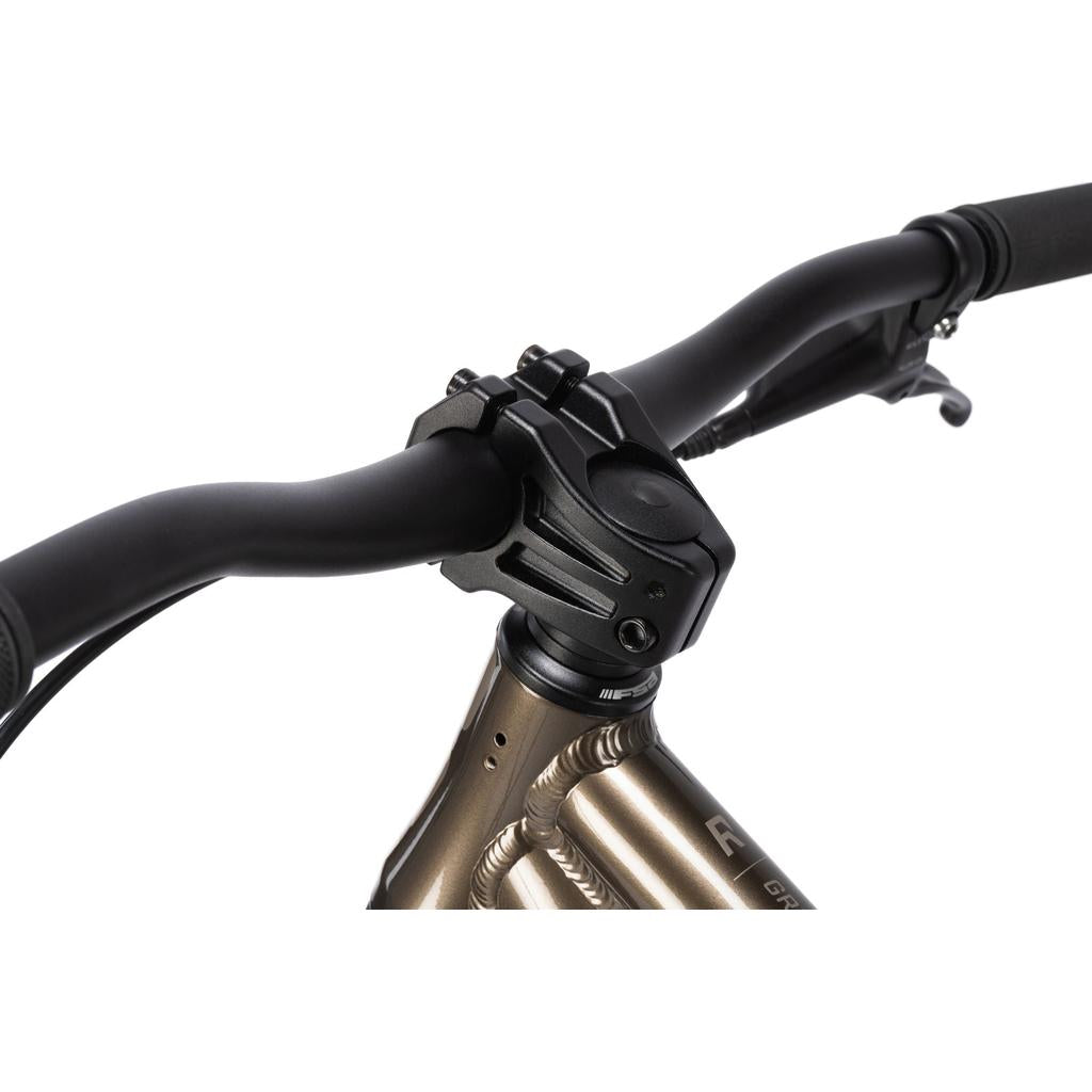 Close-up of the Radio Griffin 24 Inch Dirt Jumper Bike’s handlebar, stem, and head tube, highlighting its 24” aluminum frame and durable metal parts against a white background.