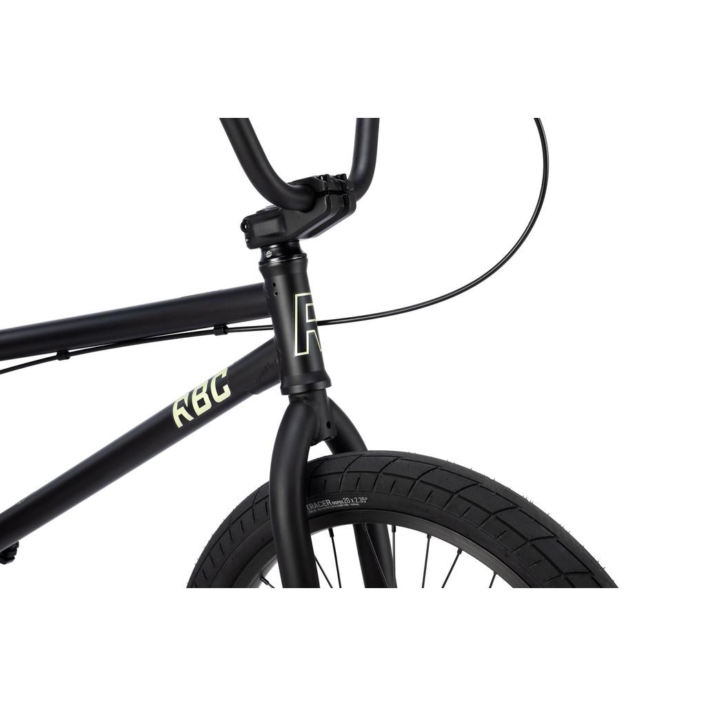 Close-up of a Radio Evol XL 20 Inch Bike showing its handlebars, front brake cable, frame, and front tire against a white background.