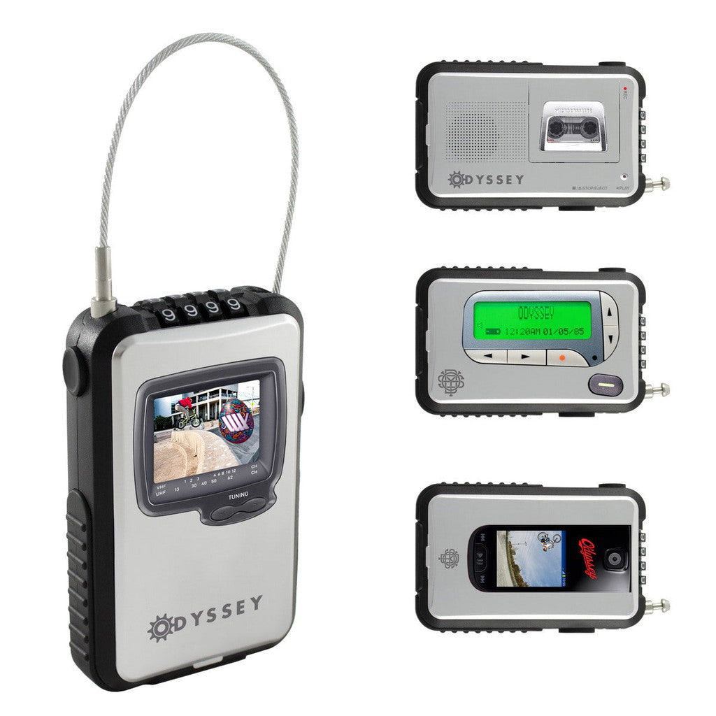 A collage of four images displaying different angles of a portable digital video camera with a built-in screen and speaker, featuring an Odyssey K-Lock Kable Lock.