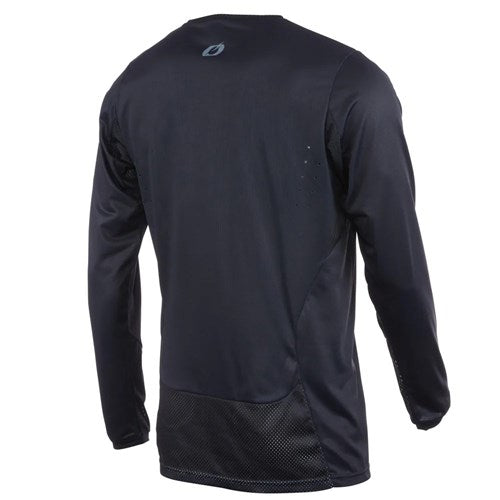 The Oneal Element 2025 FR Jersey is a black long-sleeve athletic shirt, shown from the back, with mesh paneling at the lower back and a small logo near the neckline—ideal versatile riding gear.