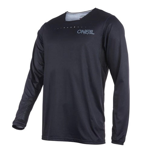 The Oneal Element 2025 FR Jersey is a black long-sleeve crew neck athletic top with the "ONEAL" logo on the left chest, designed as premium riding gear and shown against a plain white background.