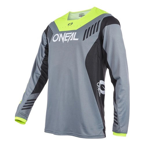 The Oneal Element 2025 FR Jersey features long sleeves and comes in gray with black and neon yellow accents—a standout motocross jersey from the 2025 range, shown on a white background.