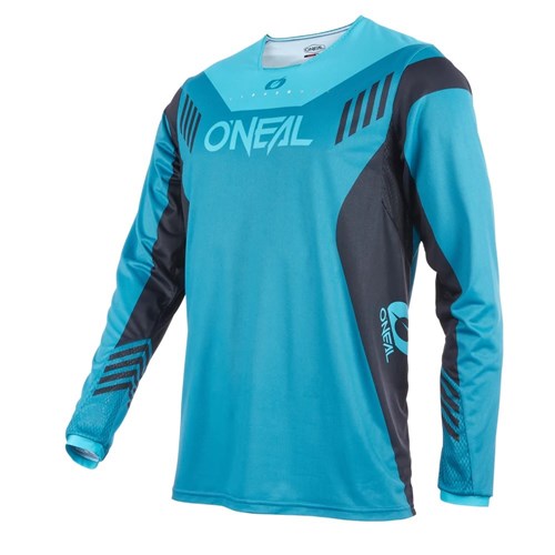 The Oneal Element 2025 FR Jersey is a turquoise and black long-sleeve motocross jersey with geometric patterns and O'Neal logos on the chest, sleeve, and side—ideal gear for every adventure.