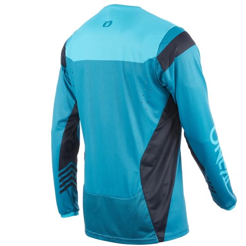 The Oneal Element 2025 FR Jersey is shown from the back in teal and black, with ventilation holes and graphic patterns on the sleeve and lower back—ideal long-sleeve riding gear for any adventure.