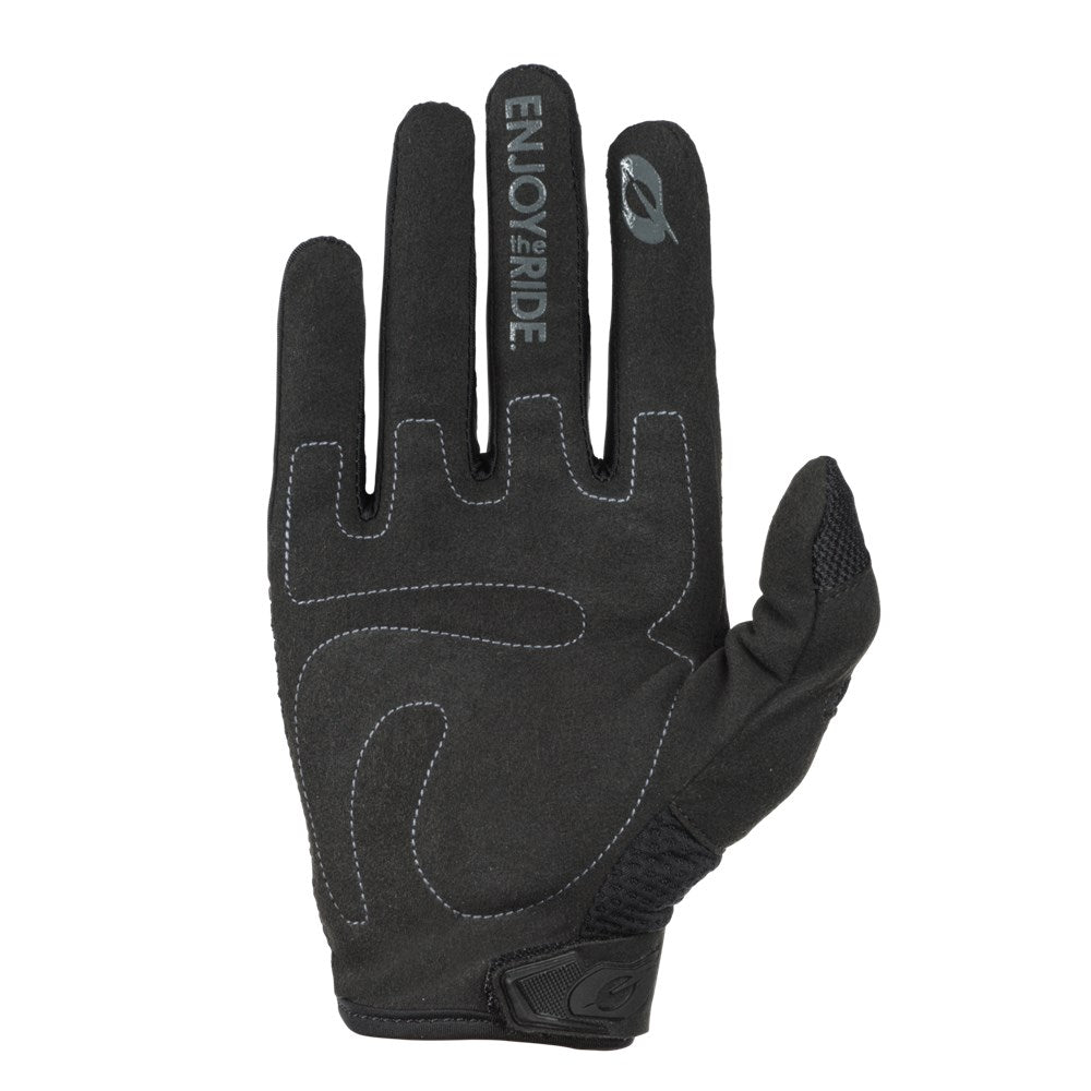 The Oneal 25 Element Youth Gloves are black with gray stitching, feature "ENJOY THE RIDE" on the index finger, have durable construction, and a hook-and-loop wrist strap for protection.