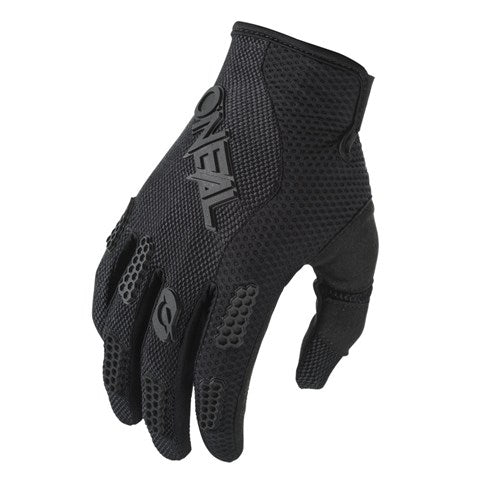 The Oneal 25 Element Youth Gloves are black, textured gloves with raised lettering and rubber knuckle and finger accents, designed for durability and protection during sports or outdoor activities.