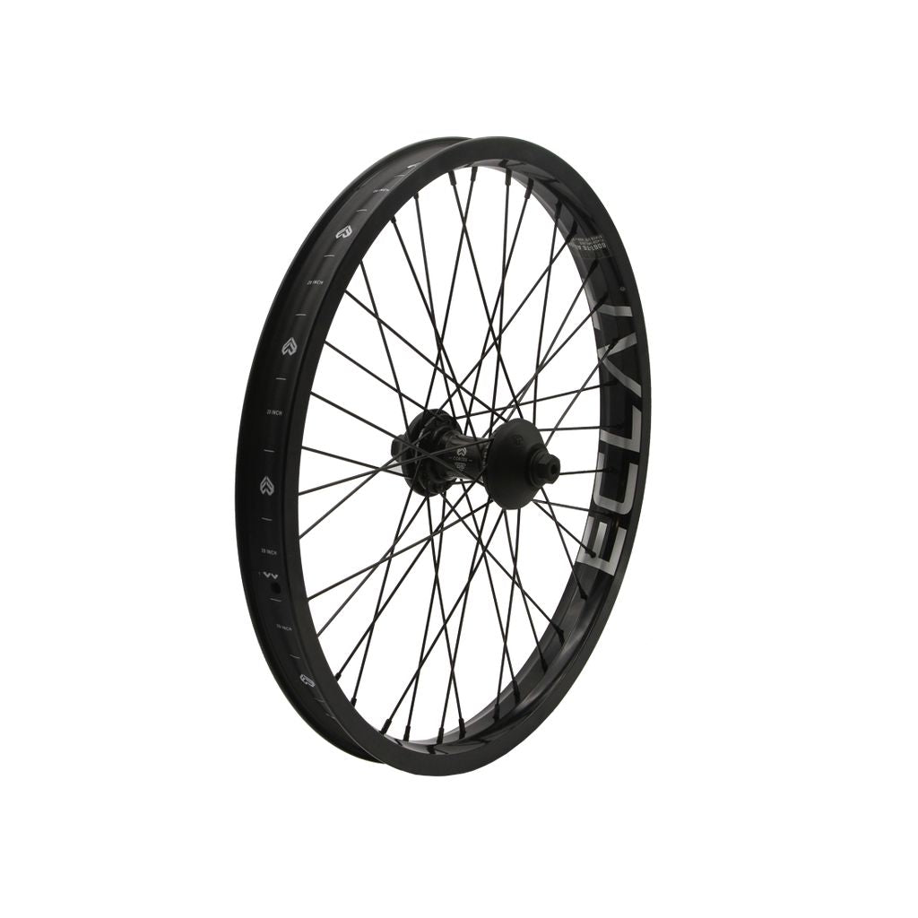 A black Eclat Cortex Oversized X Bondi Logo front wheel with spokes for after market builds.