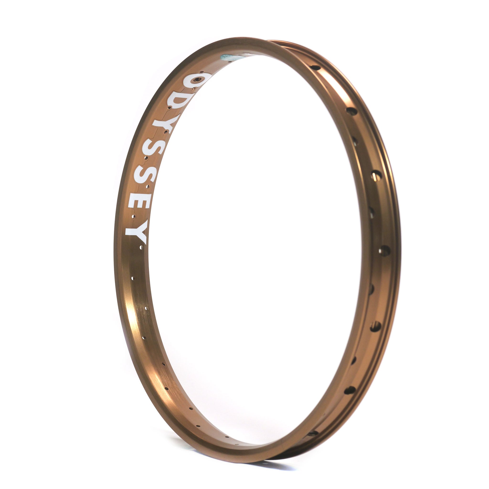 The Odyssey Big Boyd Rim is a bronze bicycle rim with "ODYSSEY" in white, extra-wide cross-section, and multiple spoke holes, designed for pro-level street riding.